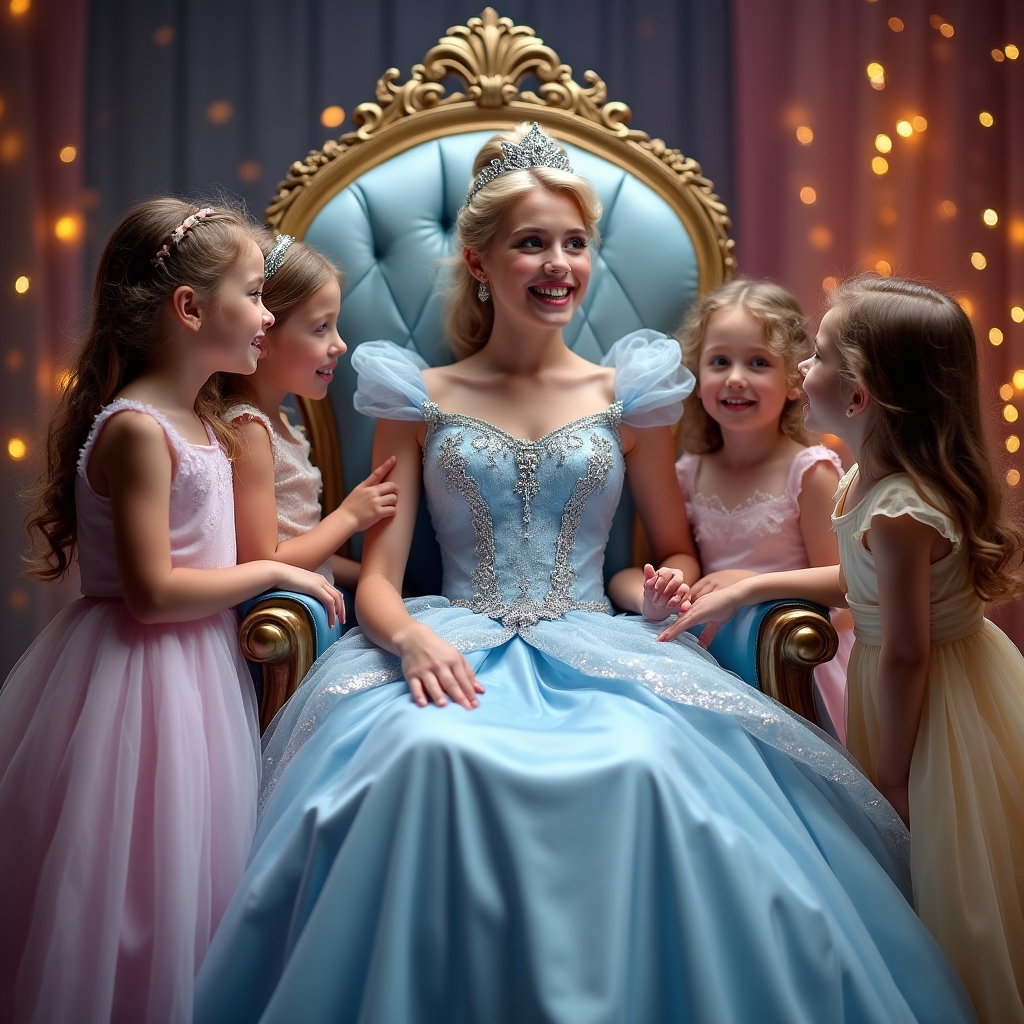 Аніматор у костюмі принцеси з дівчатками