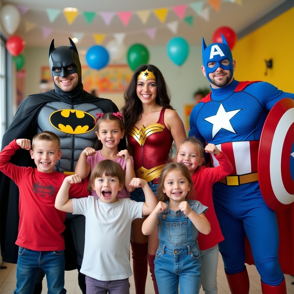 Аніматори у костюмах супергероїв на дитячій вечірці